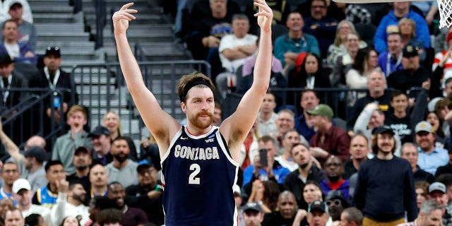 Drew Timme #2 of the Gonzaga Bulldogs reacts after scoring against the UCLA Bruins during the second half  in the Sweet 16 round of the NCAA Men's Basketball Tournament at T-Mobile Arena on March 23, 2023 in Las Vegas, Nevada. 