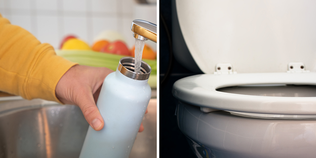 A person fills up a reusable water bottle at the faucet, above left. A recent study conducted by WaterFilterGuru of Denver revealed that reusable water bottles contain 40,000 times more bacteria than toilet seats do.