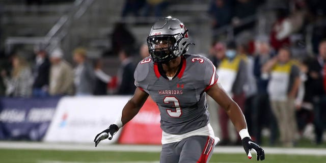 Thompson Warriors defensive back Tony Mitchell (3) during the Alabama High School 7A State Championship game between the Central-Phenix City Red Devils and the Thompson Warriors on December 1, 2021, at Protector Stadium in Birmingham, Alabama.  
