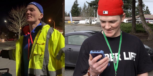 Left, Tyson Tungate pictured while homeless in Everett, Washington. Right, Tungate watches the video of himself a month later and is shocked by how much has already changed.