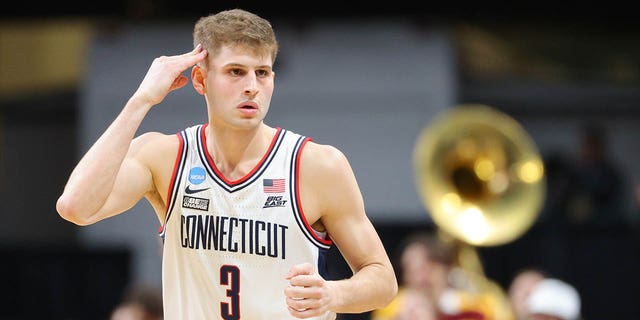 Joey Calcaterra of the Connecticut Huskies reacts after a play against the Iona Gaels during the first round of the 2022 NCAA Tournament at MVP Arena March 17, 2023, in Albany, N.Y.