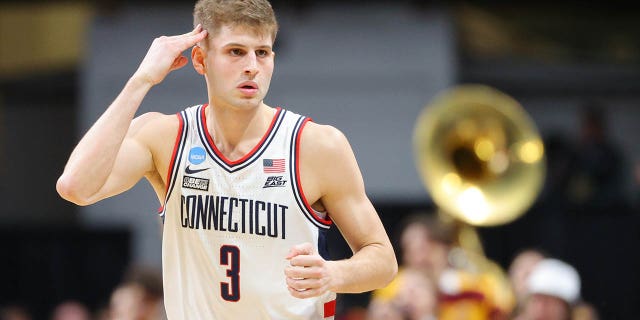 Joey Calcaterra of the Connecticut Huskies reacts after a play against the Iona Gaels in the first round of the 2022 NCAA Tournament at MVP Arena on March 17, 2023, in Albany, NY