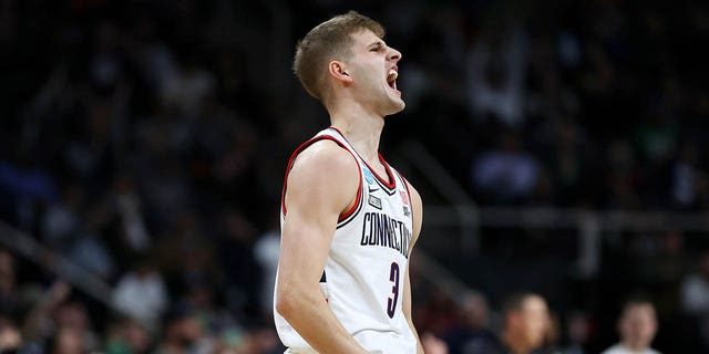 Joey Calcaterra of the Connecticut Huskies reacts in the first half against the Iona Gaels during the first round of the NCAA Tournament at MVP Arena March 17, 2023, in Albany, N.Y.