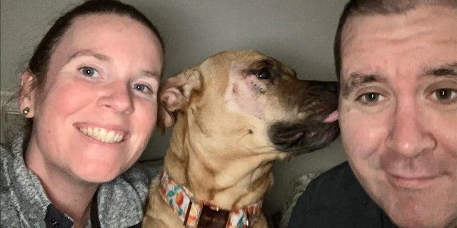 Rescue Dogs Dream praised Lena's new family for their patience in taking care of her — "They gave her the patience and training she required to be successful." Here, Lena is seen with her adopters.