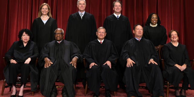 United States Supreme Court (front row LR) Associate Justice Sonia Sotomayor, Associate Justice Clarence Thomas, Chief Justice of the United States John Roberts, Associate Justice Samuel Alito, and Associate Justice Elena Kagan, (back row LR) Associate Justice Amy Coney Barrett, Associate Justice Neil Gorsuch, Associate Justice Brett Kavanaugh and Associate Justice Ketanji Brown Jackson pose for their official portrait