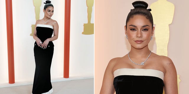 Vanessa Hudgens sports black and white gown for the 2023 Oscars.