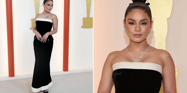 Vanessa Hudgens sports black and white gown for Oscars.