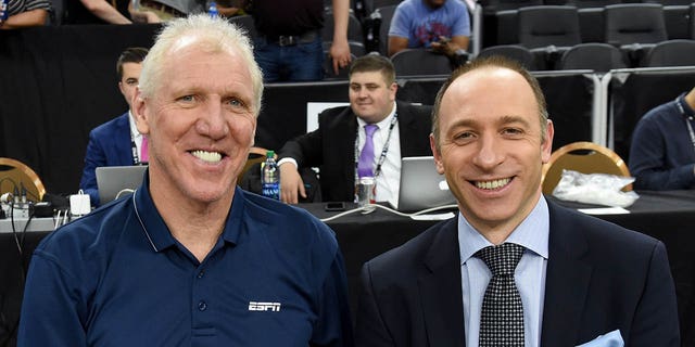 Sportscaster and former NBA player Bill Walton, left, and sportscaster Dave Pasch pose before broadcasting the Pac-12 tournament championship game between the Arizona Wildcats and Oregon Ducks at T-Mobile Arena on April 11. March 2017 in Las Vegas.