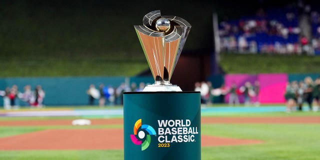 The trophy is on the field during the opening ceremony of the World Baseball Classic Championship game between Team USA and Team Japan at loanDepot Park on Tuesday, March 21, 2023 in Miami, Florida.