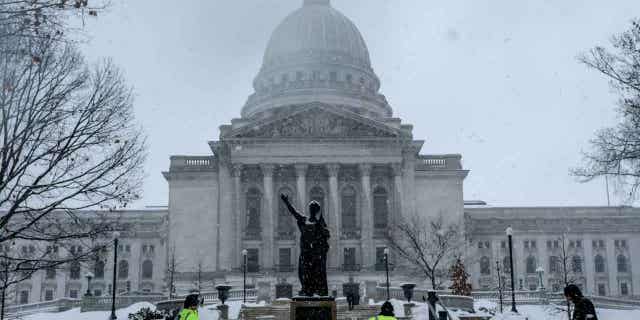 The Wisconsin State Capitol is pictured in Madison, Wisconsin, on Feb. 9, 2023. Gov. Tony Evers wants to sell three state office buildings around the Capitol in an effort to reduce the government's footprint in Madison.