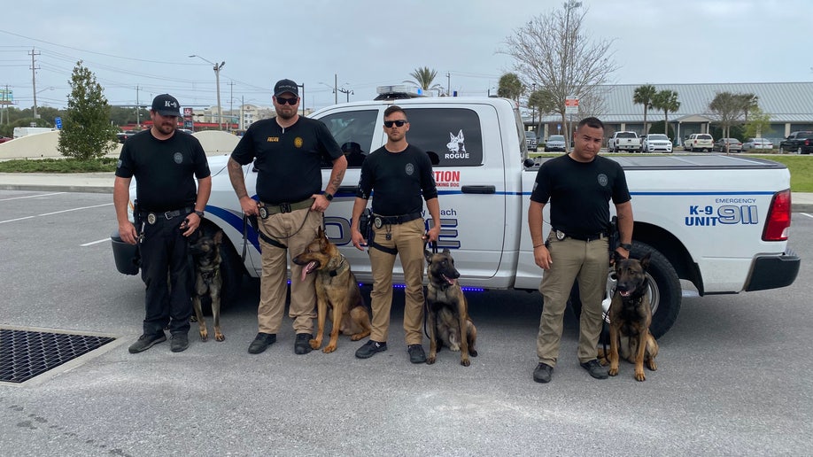 Four officers in uniform standing next to four K-9 dogs