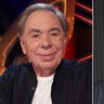 Composer Andrew LLoyd Webber wears white T-shirt next to son Nicholas in suit and tie