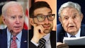 Alexander Soros, middle, a son to liberal billionaire George Soros, right, has made frequent visits to the White House since President Biden took office in 2021, meeting with top officials in a number of meetings on behalf of his 92-year-old father.