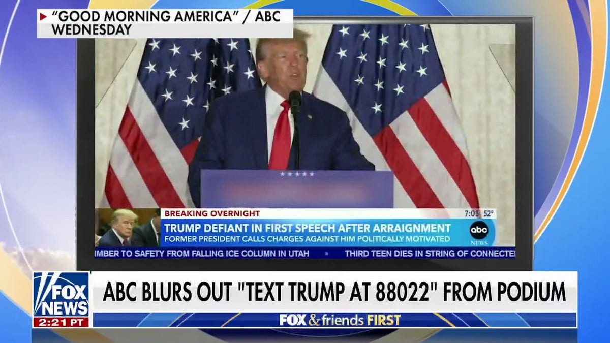 ABC's 'Good Morning America' blurs out Trump campaign message during former president's speech.