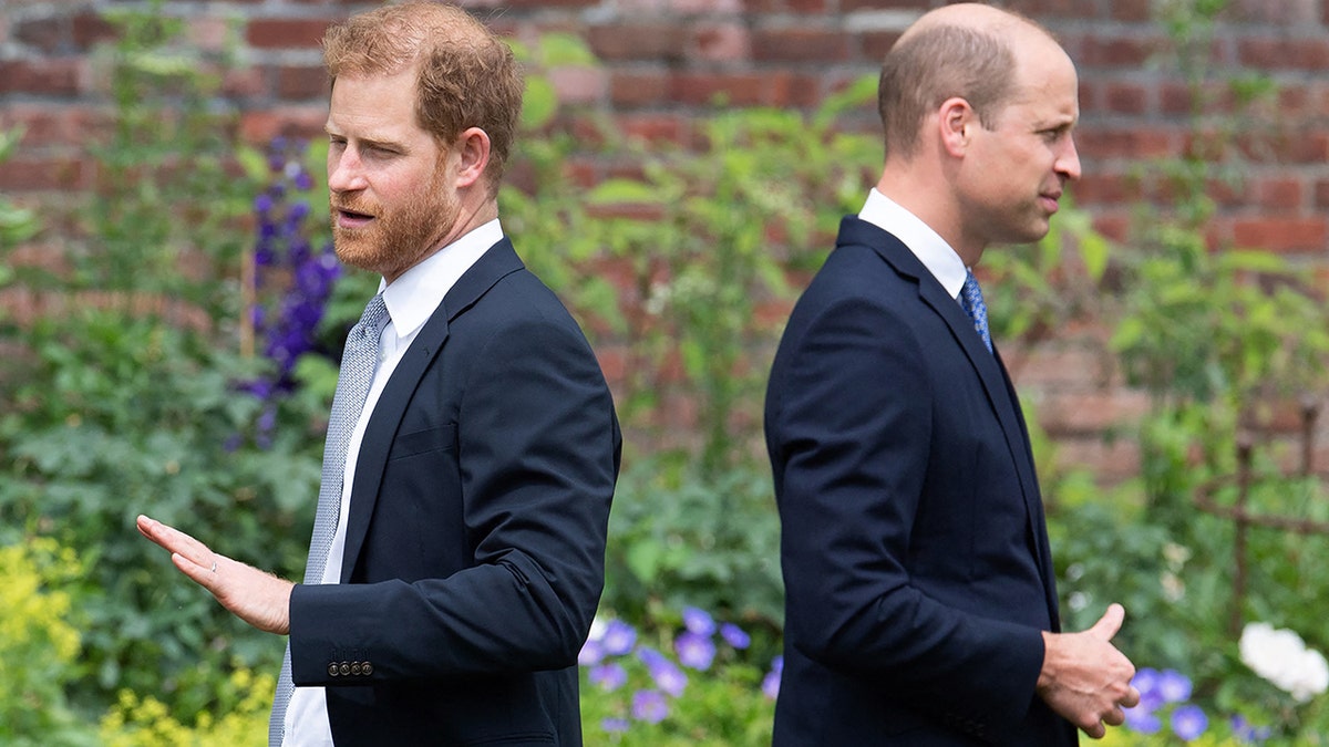 Prince Harry and Prince William in suits with their backs turned against each other
