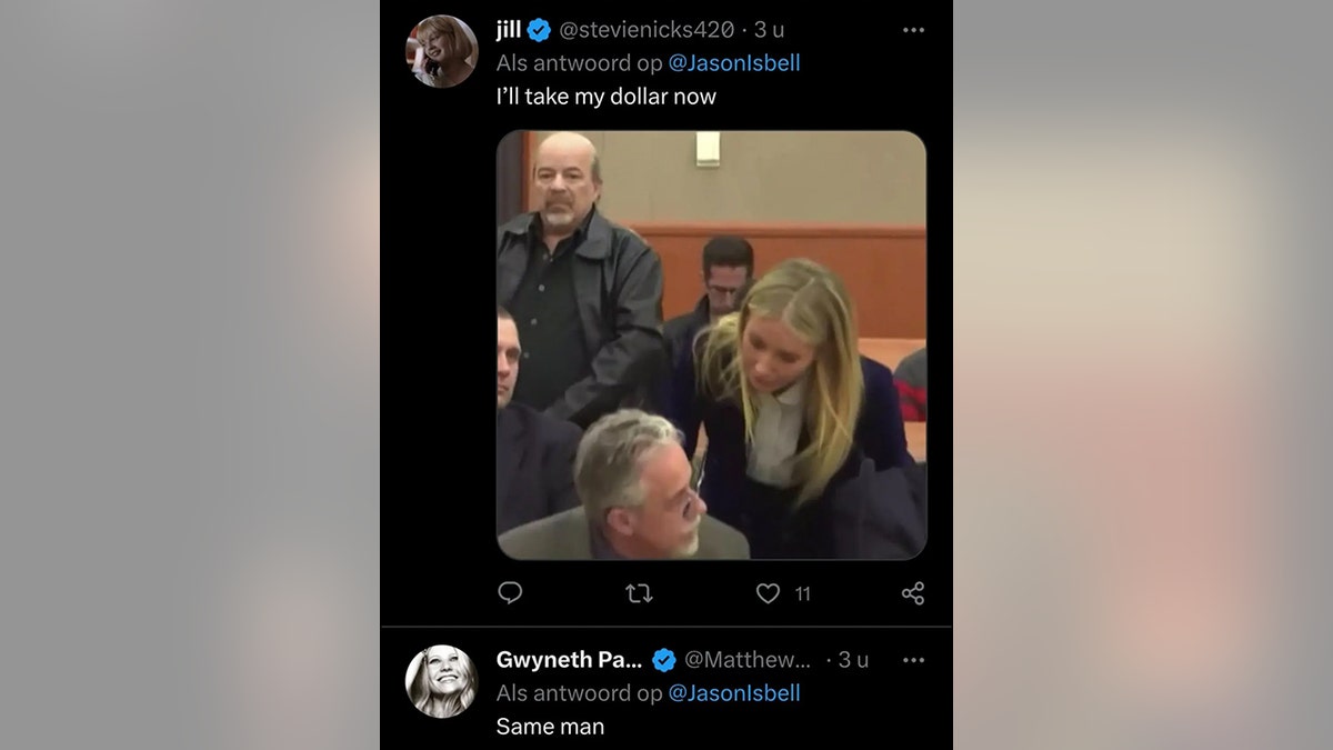 A tweet reads "I'll take my dollar now" and includes a photo of Gwyneth Paltrow leaning over to Terry Sanderson in court, response is from Matthew Koma reading "Same man" as he impersonates Gwyneth Paltrow having changed his username to her name