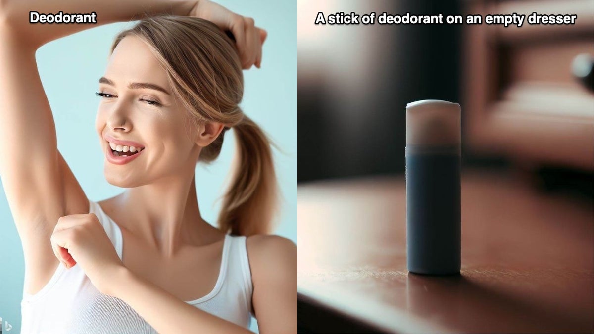 Woman smiles next to a photo of a deodorant stick