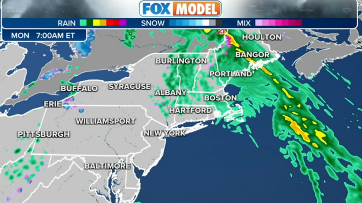 Fox Weather map showing rain in the north eastern US