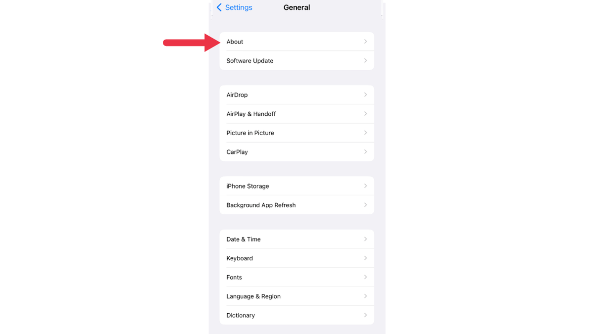iphone settings about arrow
