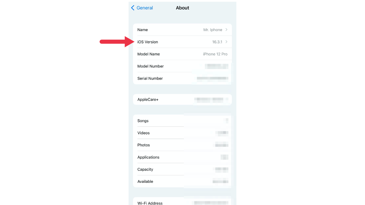 iphone settings iOS version