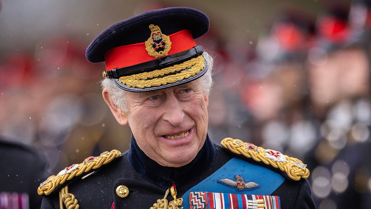 A close-up of King Charles in his miliary uniform