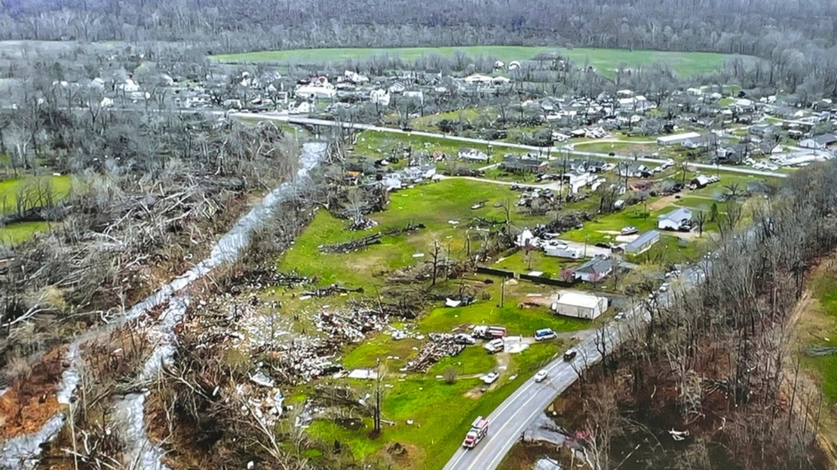 A drone image of tornado damage in southeast Missouri