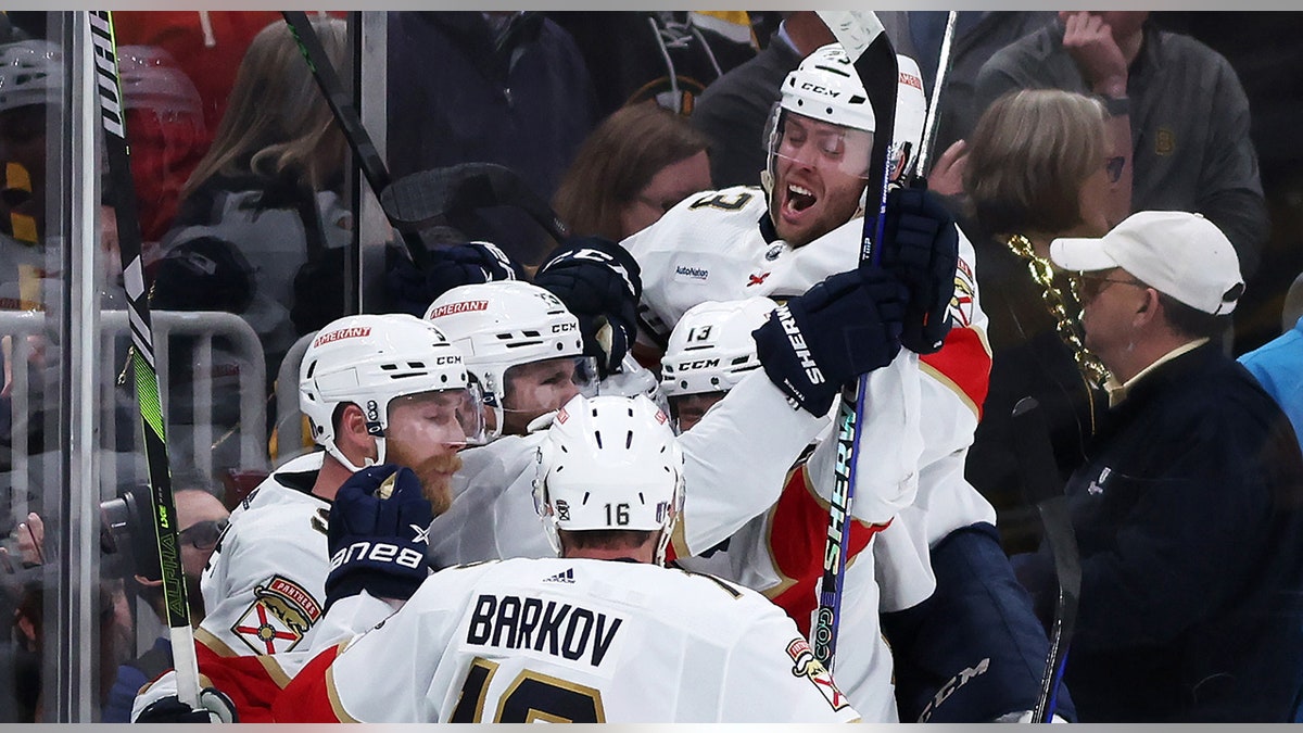 Brandon Montour #62 of the Florida Panthers celebrates with Aleksander Barkov #16, Carter Verhaeghe #23, Sam Reinhart #13, and Sam Bennett #9 after scoring a goal against the Boston Bruins during the third period in Game Seven of the First Round of the 2023 Stanley Cup Playoffs at TD Garden on April 30, 2023 in Boston, Massachusetts.