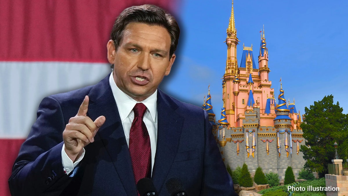 Florida Gov. Ron Desantis, R, with Disney in the background