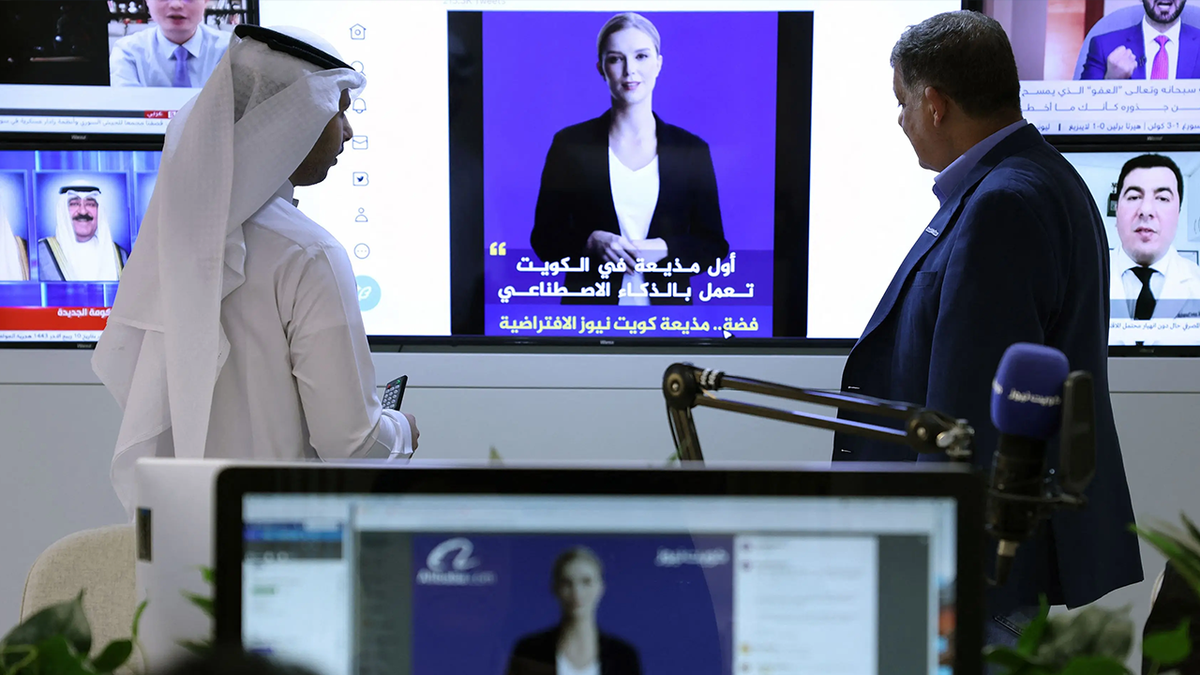 "Fedha," an AI-generated news anchor created for the Kuwait News service, is depicted on a screen.