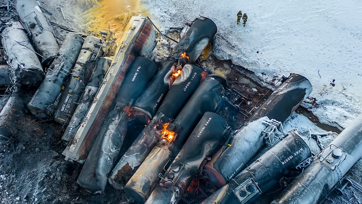 Train cars derailed and clumped together