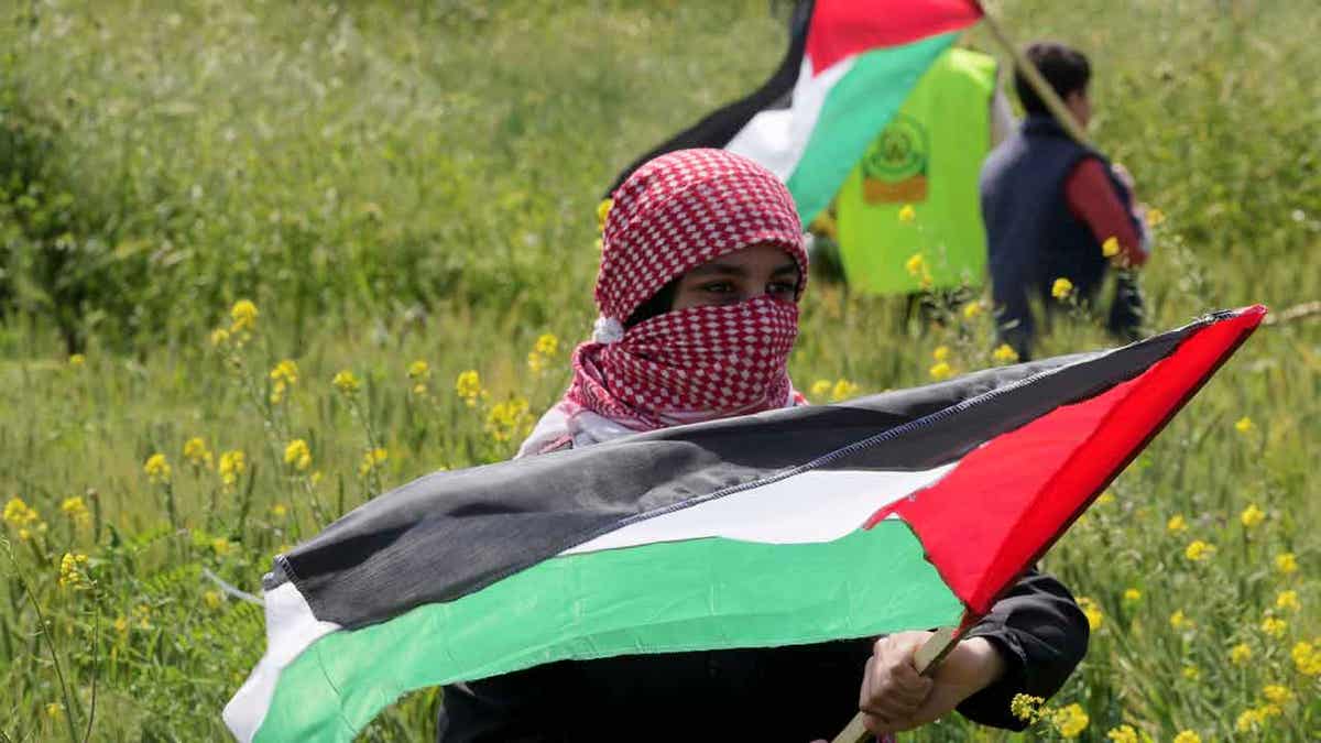 Palestinians wave flags during a rally