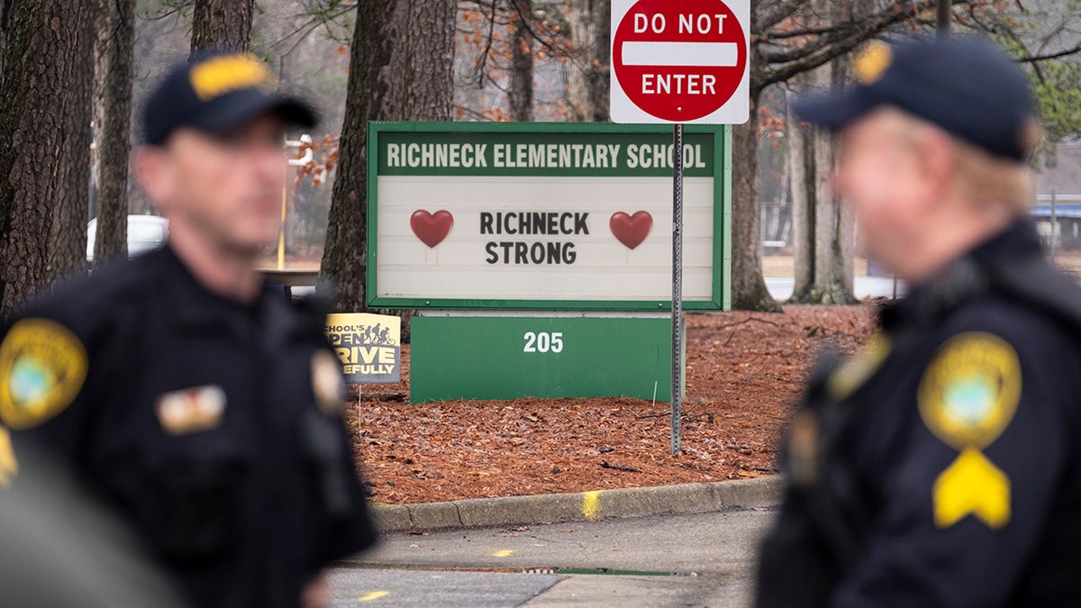 'Richneck Strong' sign outside elementary school where teacher was shot