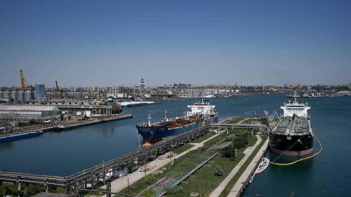 Ships are docked in the Black Sea port of Constanta, Romania, 