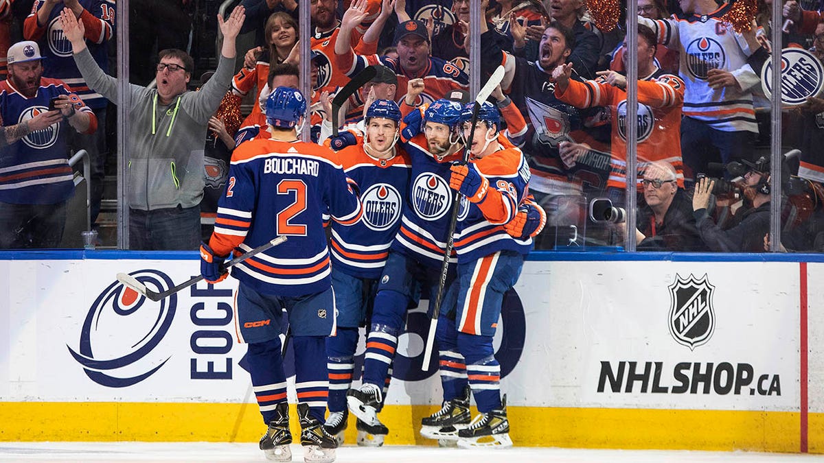 Oilers celebrate a first period goal