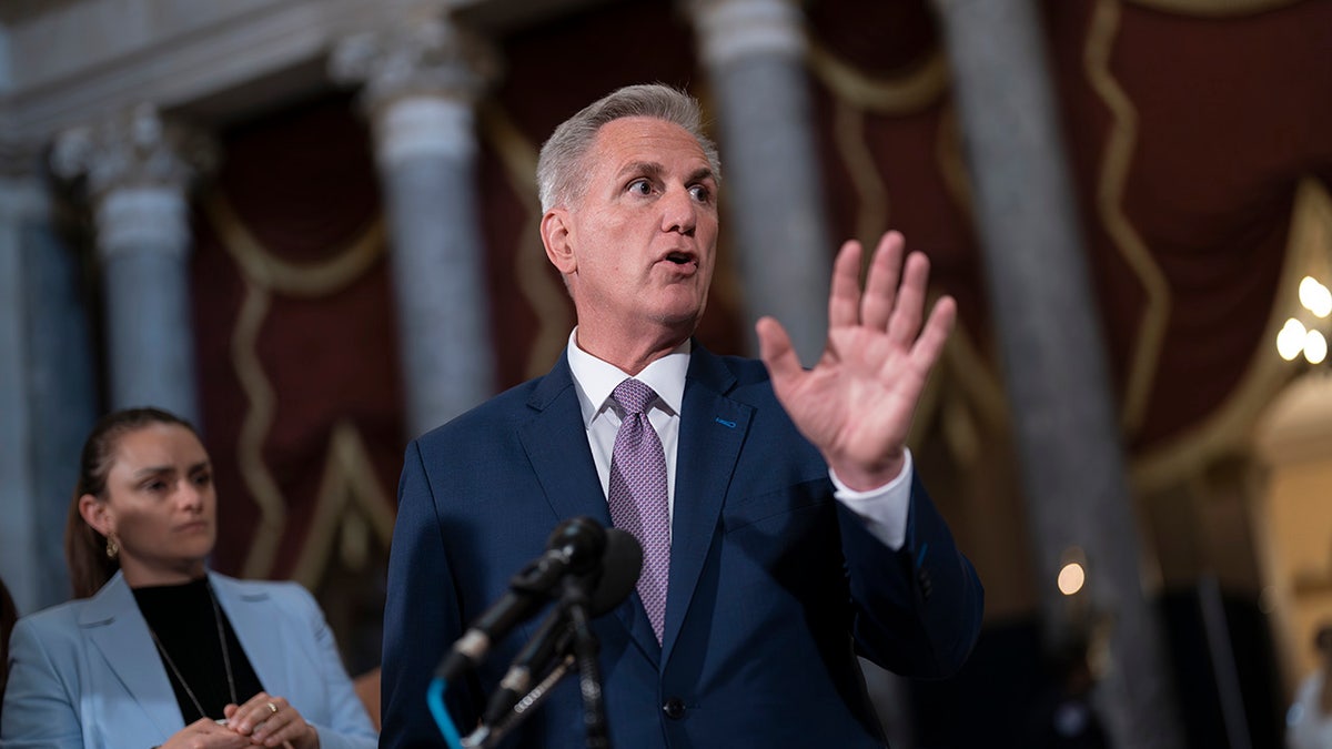 House Speaker Kevin McCarthy speaking to reporters