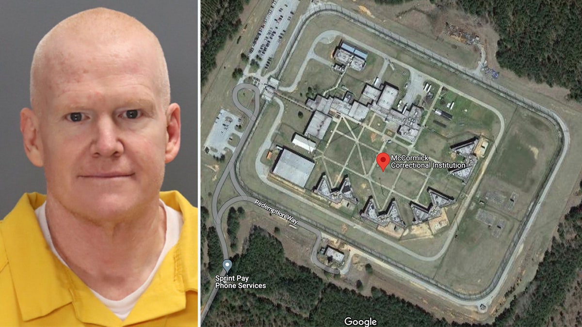 Alex Murdaugh booking photo next to an aerial shot of the McCormick Correction Institution