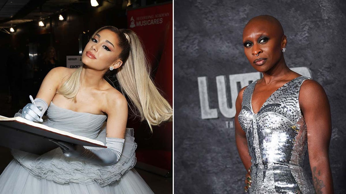 Ariana Grande in gray dress split screen with Cynthia Erivo in silver dress