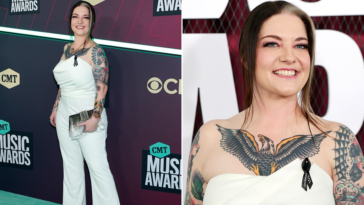 Ashley McBryde wears strapless white jumpsuit with heels to CMT Music Awards.