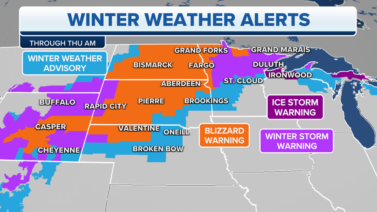A map of winter weather alerts through Thursday