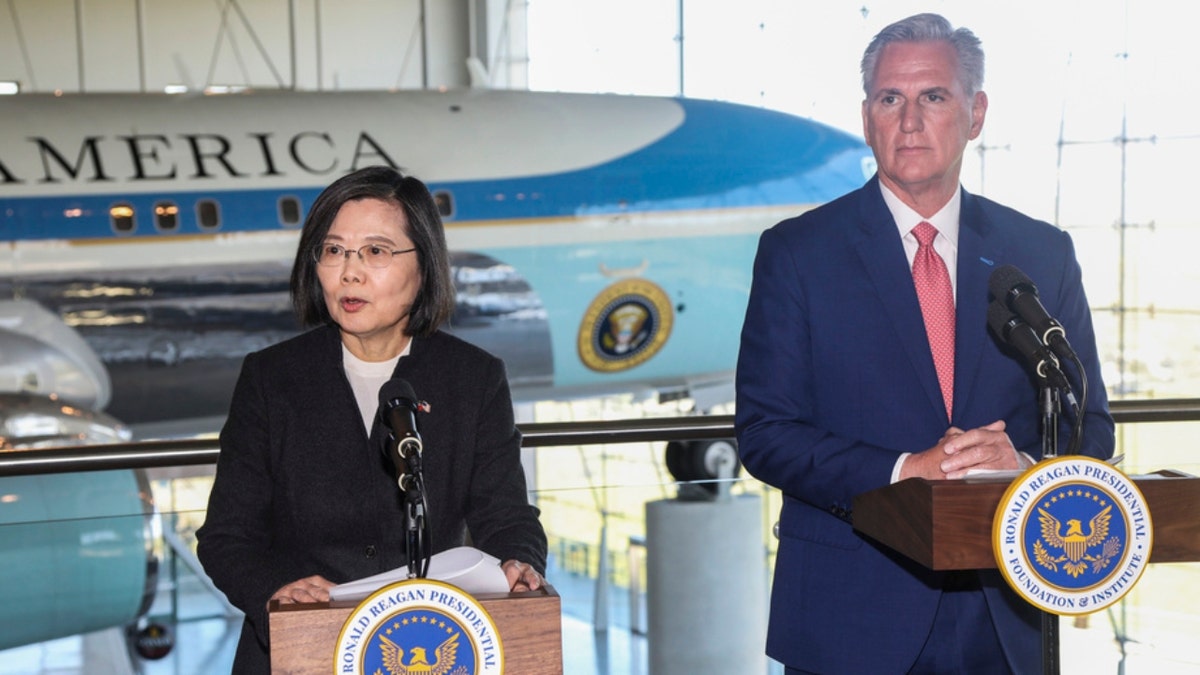 House Speaker Kevin McCarthy and Taiwan President Tsai Ing-wen speak to reporters