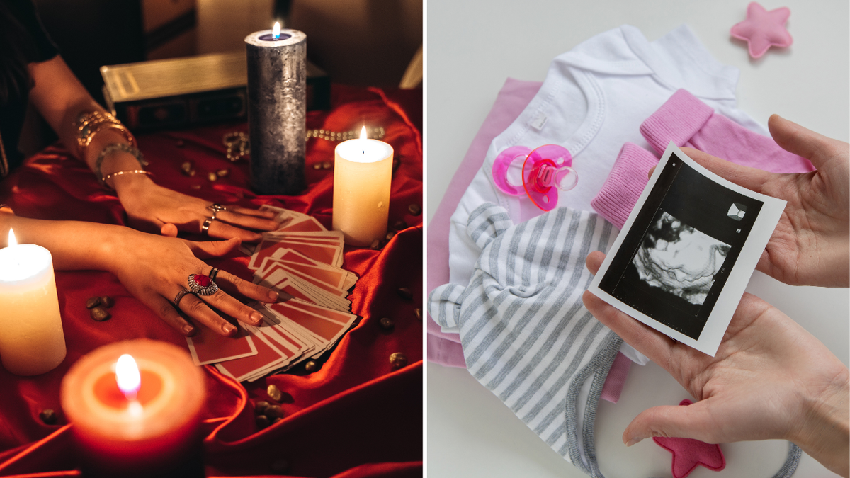 Fortune teller arrangers cards next to woman holding up sonogram