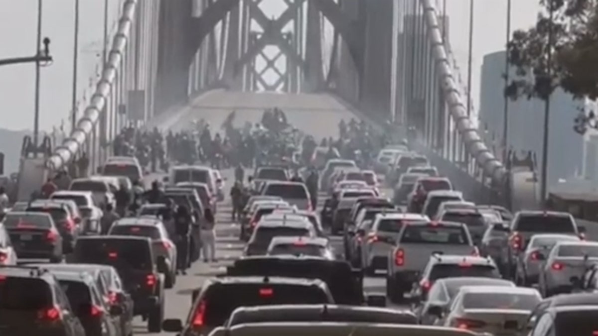 Cars brought to a halt in front of Bay Bridge by illegal motorcyclist show