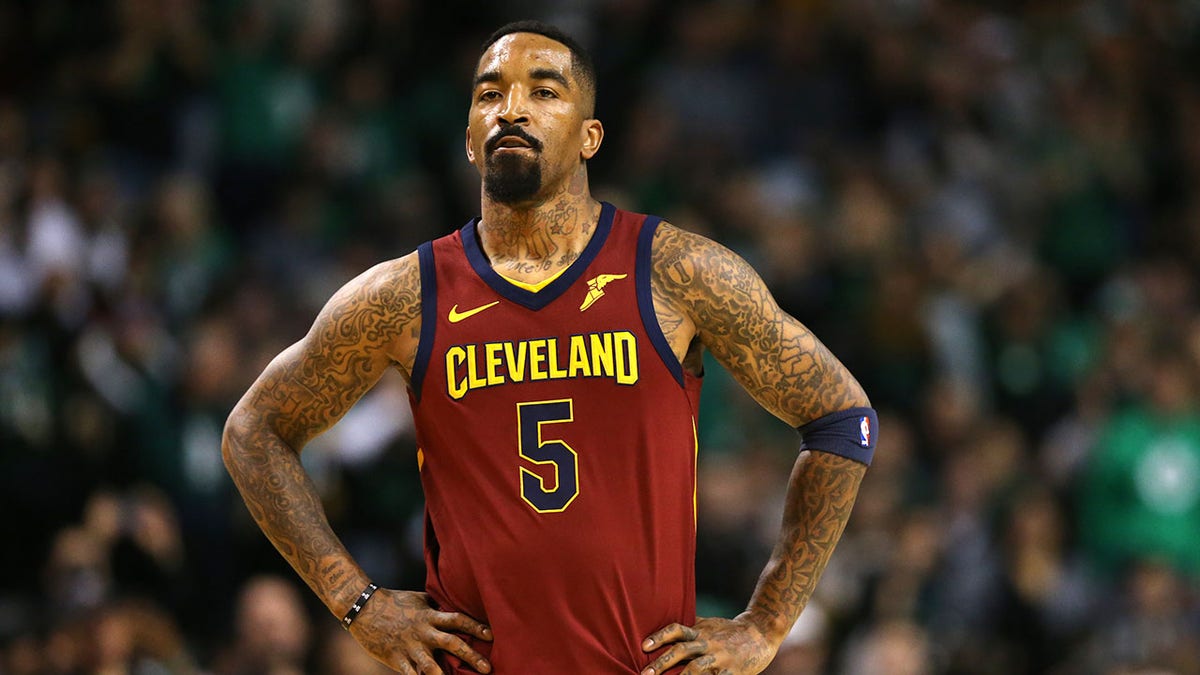 JR Smith reacts during a game