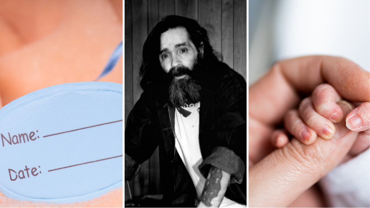 Empty baby name tag next to photo of Charles Manson and newborn hand