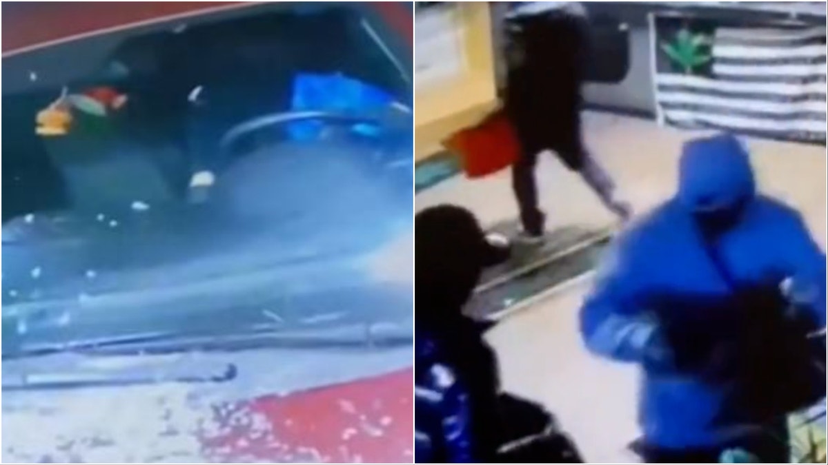 suspect behind wheel of car, left, suspects inside shop at right