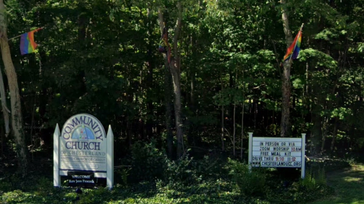 Signs in front Community Church of Chesterfield (UCC) in Ohio.