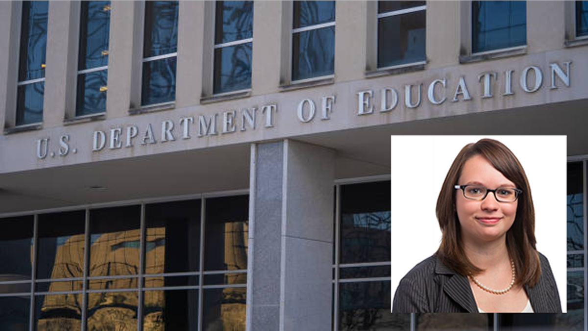 The U.S. Department of Education building in Washington, D.C., along with a photo of Clare McCann, who served as a senior policy adviser in the department and currently works at Arnold Ventures.