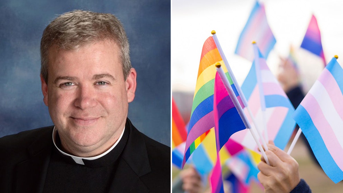 split. Fr. Kirby and LGBTQ flags