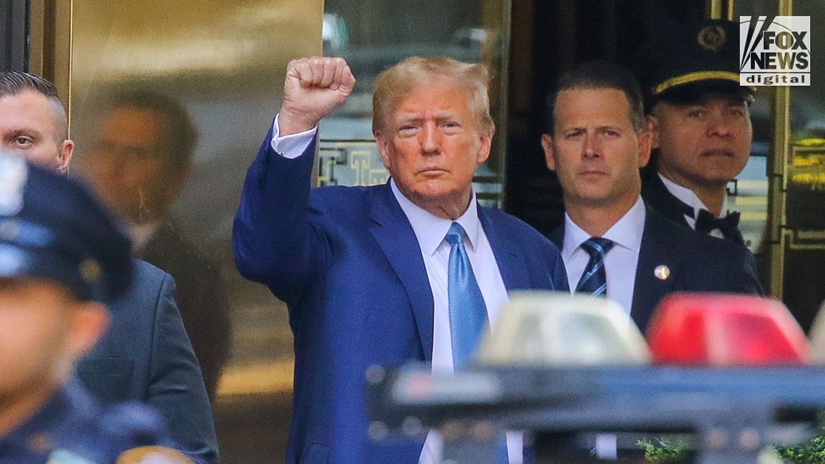 Donald Trump holding his fist up while facing the camera.