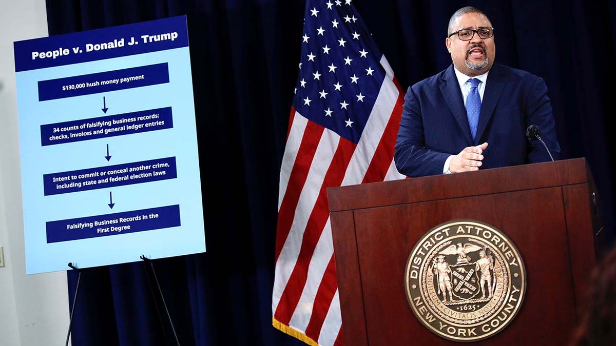 Manhattan District Attorney Alvin Bragg speaks during a press conference following the arraignment of former U.S. President Donald Trump